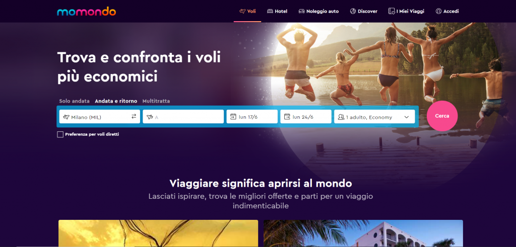 La homepage di Momondo
