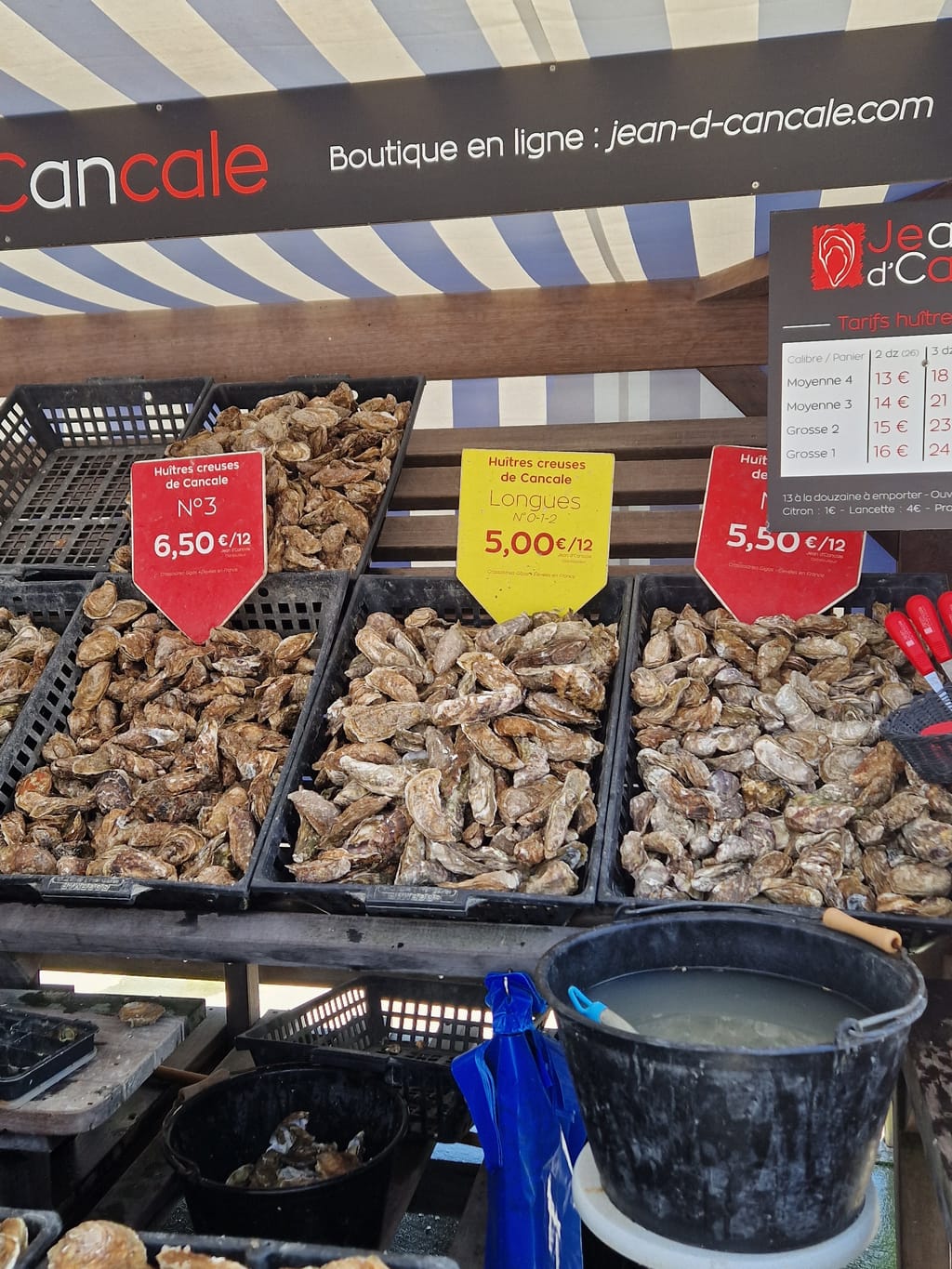 Il banco delle ostriche al mercato sul porto di Cancale